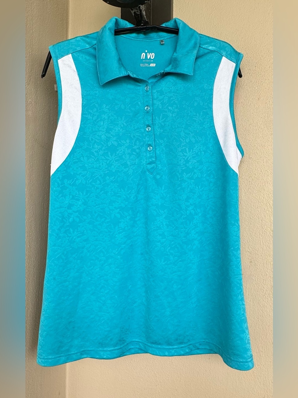 NIVO Womens Sleeveless Golf Polo Aqua/White Subtle Floral Damask Pattern Medium